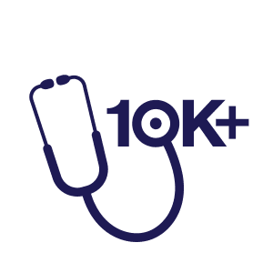 icon of a stethoscope that connects to the text 10K+