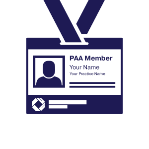 icon of a badge that reads PAA Member, Your Name, and Your Practice Name